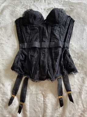 Agent Provocateur Silk Lace-Up Corset Basque Size US 4 Black Complete Garter Set